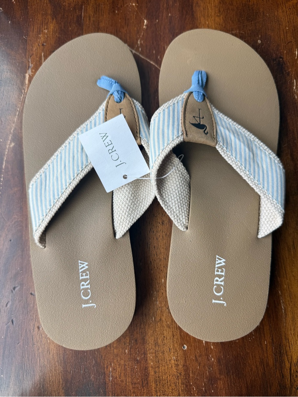 J. Crew Light Blue Striped Canvas Flip Flops with Tan Footbed
